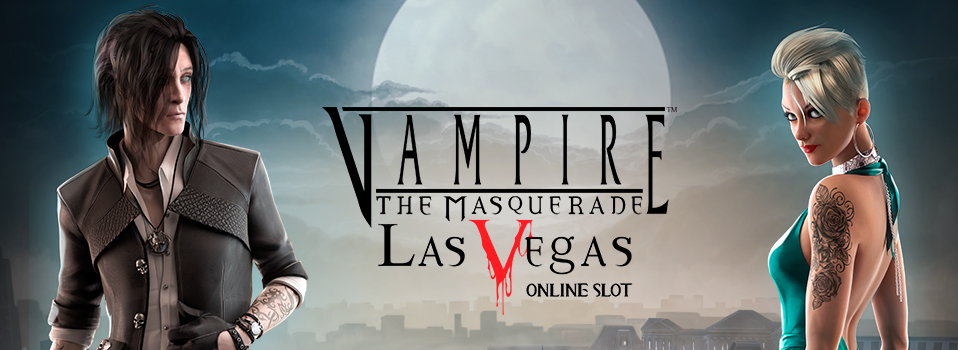 Vampire The Masquerade Las Vegas Slot Logo mit zwei Charakteren